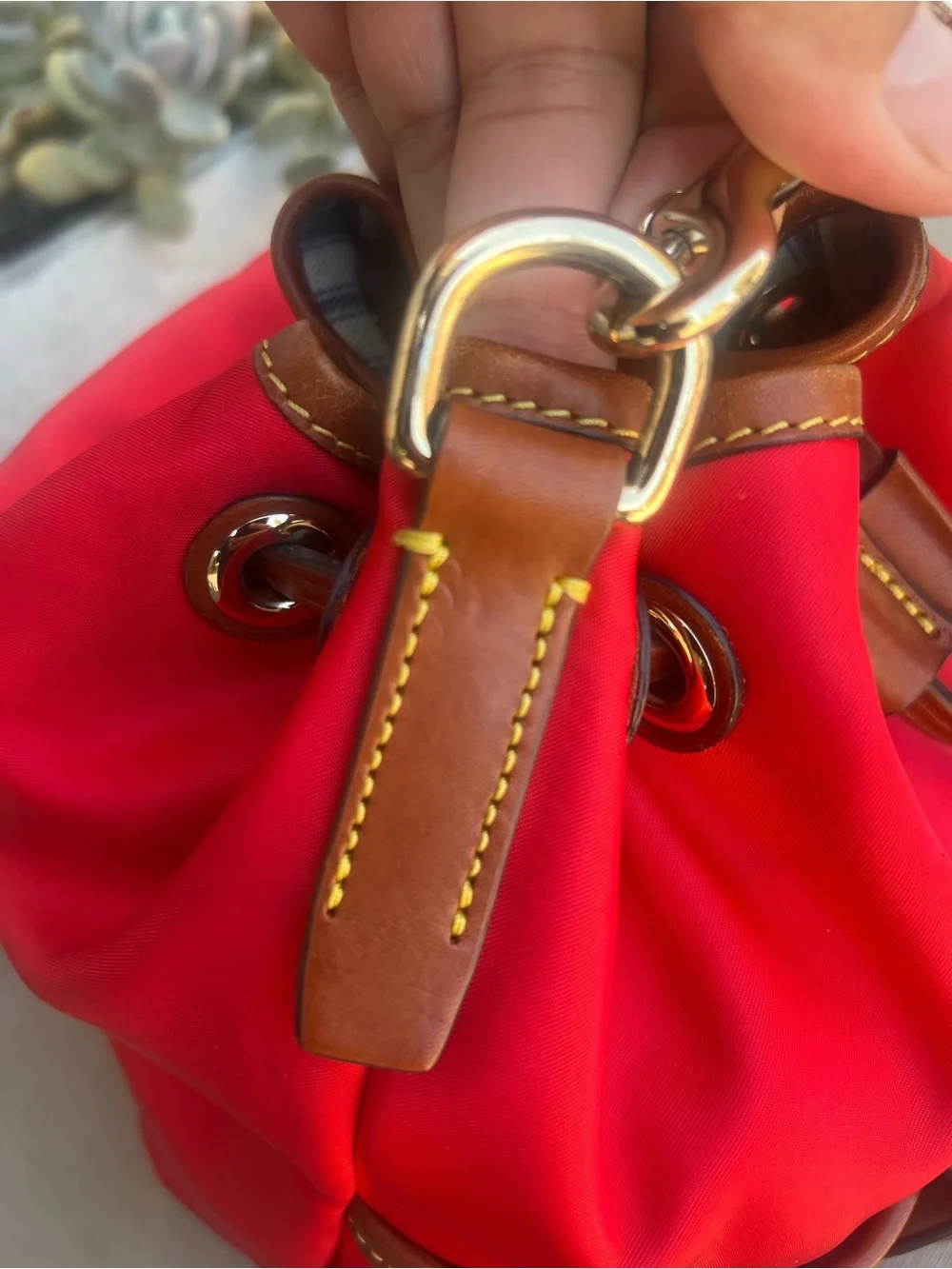 Red Drawstring Hobo with Brown Leather Trim